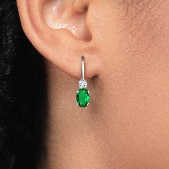 14K Yellow Gold with 0.87 Cttw Emerald and White Diamond Leverback Drop Earrings - Picture 3 of 4